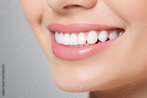 Close-up of beautiful female smile with healthy teeth. Dental care concept