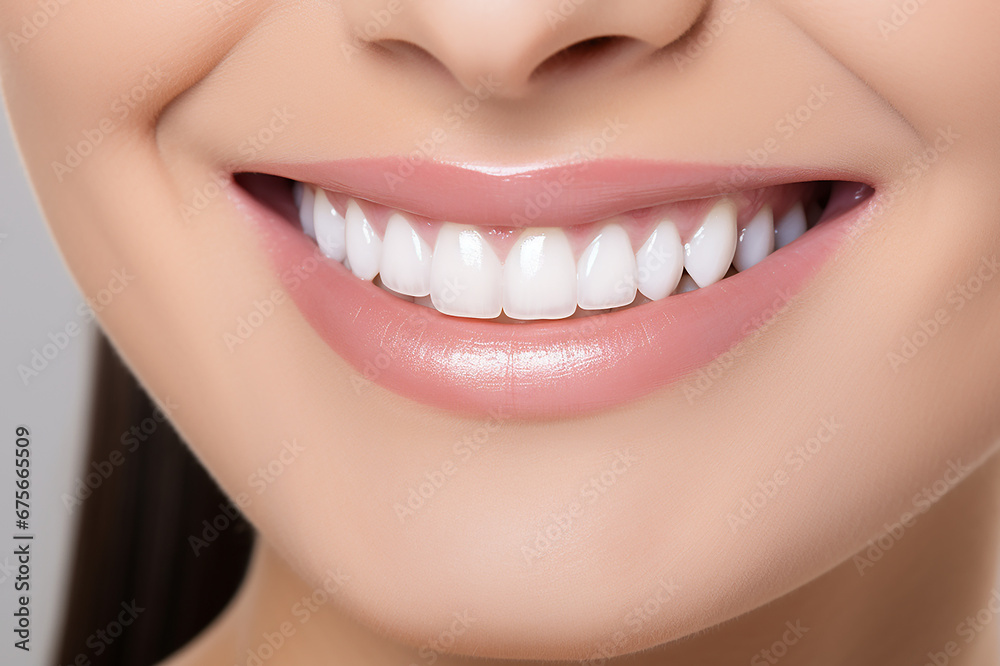 Fototapeta premium Closeup of a young woman smiling with white teeth. Dentistry concept.