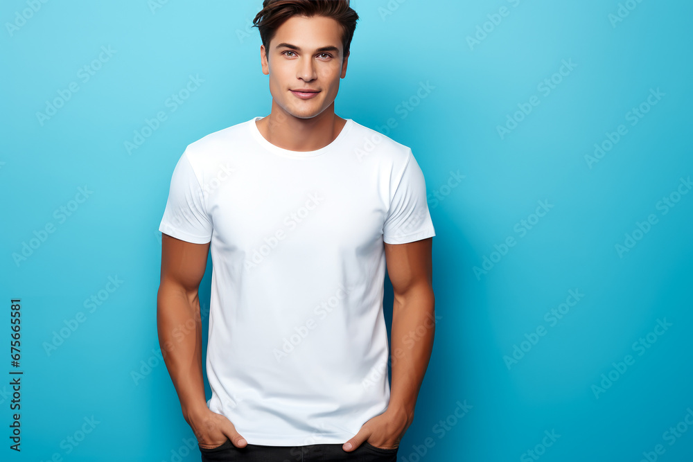 Man in blank white t-shirt on grey background. Mock up Man in blank white t-shirt on grey background. Mock up