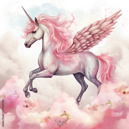 Pink Unicorn Above The Clouds Illustration  Generative Ai