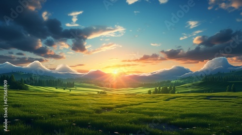 Bright sunset over green field. © Muhammad