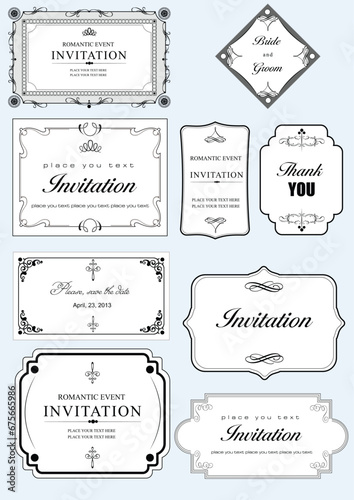 Collection of ornate vector frames and ornaments with sample text. Can be used as invitation or announcement. All pieces are separate.