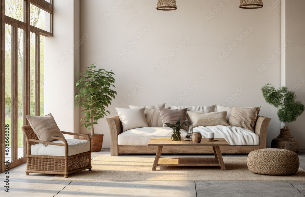 Fototapeta premium Luxurious living room area composition in rustic style