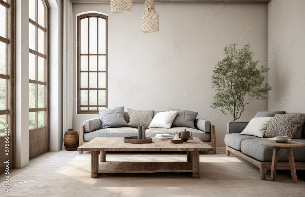 Fototapeta premium Luxurious living room area composition in rustic style