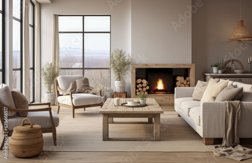 Luxurious living room area composition in rustic style