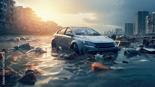 Cars on the road during a flood. Flooded city.