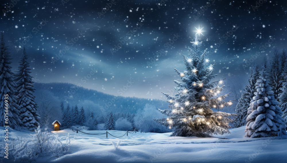 Winter scene with tree on the snow and christmas lights. New year holiday concept Winter scene with tree on the snow and christmas lights. New year holiday concept
