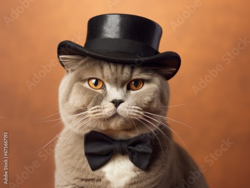 Scottish Fold Cat in a top hat and bowtie © keystoker