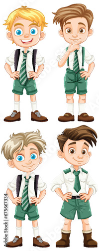 Group of Cartoon Boys in School Uniform