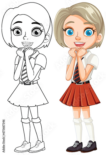 Smiling Cartoon Girl Student in School Uniform