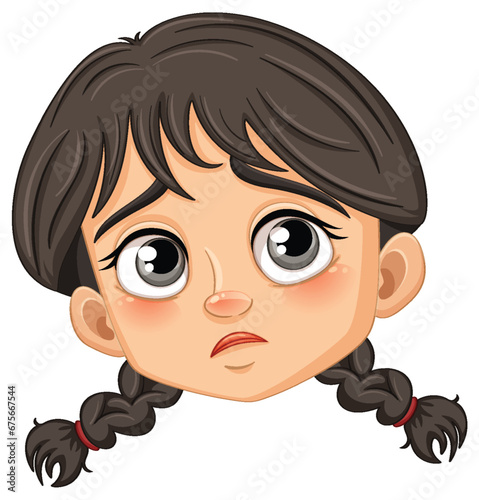 Sad Girl with Braids: A Vector Cartoon Illustration