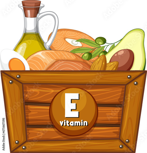 Educational Group of Food in Wooden Crate with Vitamin E