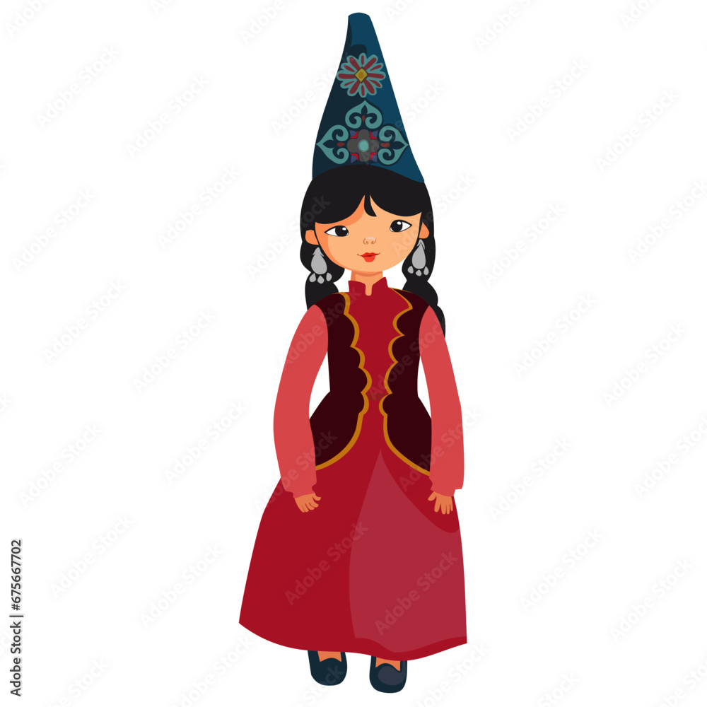 girl in red dress Asian beauty girl in ancient national cap and jewelry. Central Asia. Vector illustration isolated. Print, poster, t-shirt, card.
