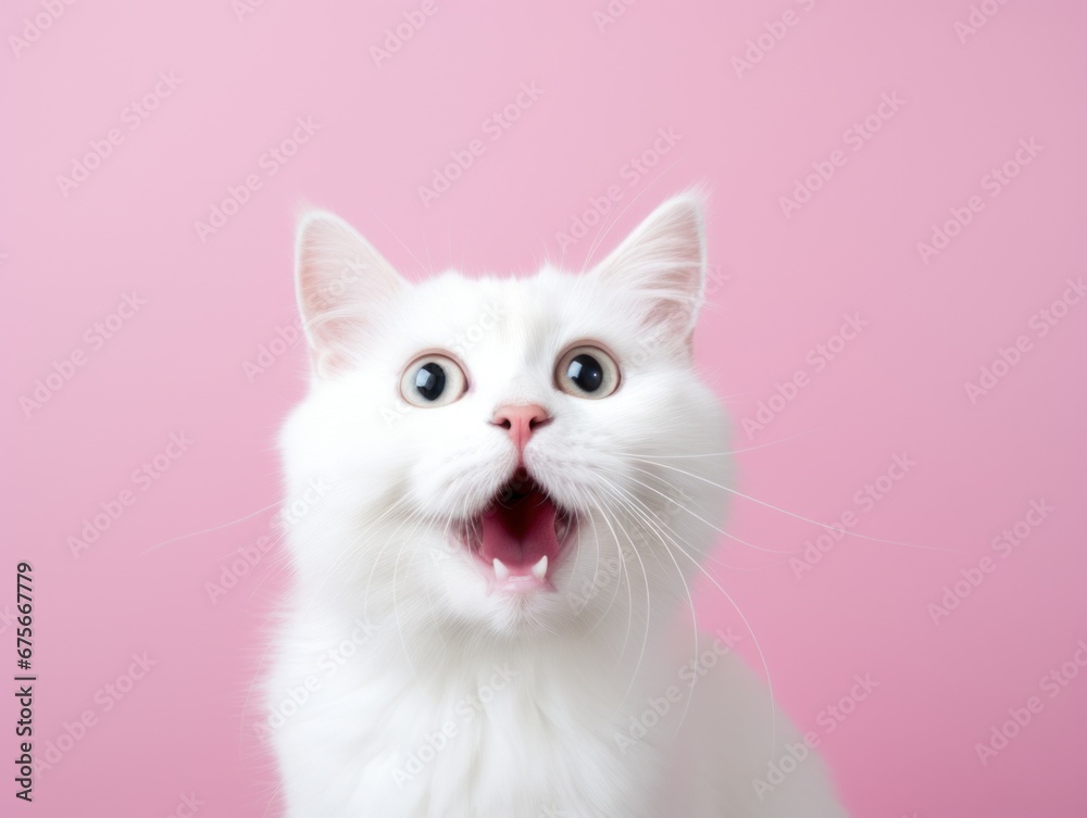 Meowing white cat. Pink background.