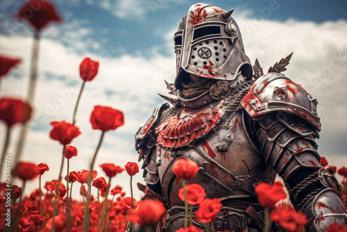 Medieval knight in the field of red poppies
