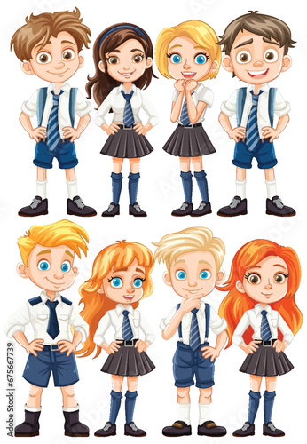 Cheerful Cartoon Characters of Boy and Girl Students