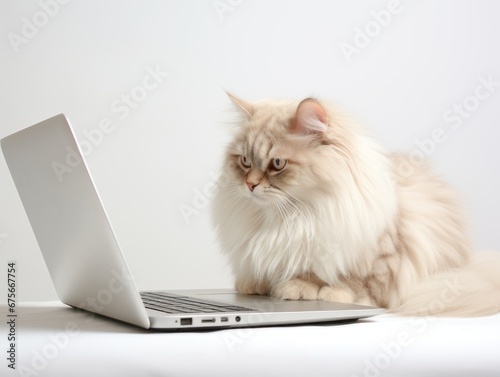 Siberian cat with a laptop. White background.