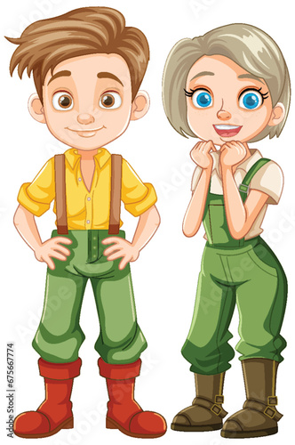 A Young Farmer Couple in Vector Cartoon Style