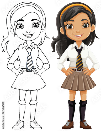 Smiling Cartoon Girl Student in School Uniform