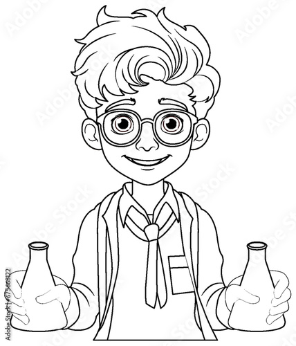 Male student cartoon holding conical flask on science class experiment