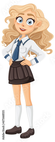 Beautiful Teen Girl in High School Uniform Cartoon