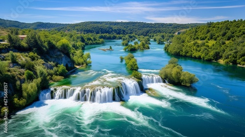 Krka, Croatia - Aerial view of the beautiful Krka Waterfalls in Krka National Park on a bright summer morning with green foliage, turquoise water and blue sky