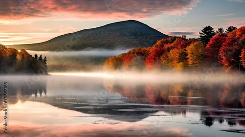 Lake fog sunrise with Autumn foliage and mountains in New England Stowe