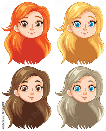 Set of Four Beautiful Cartoon Girl Heads