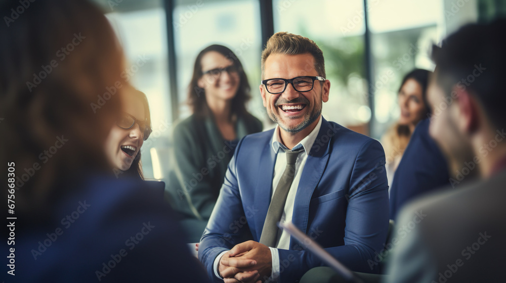 A smiling businessman greets and interacts with his coworkers during a team building exercise. It promotes friendship in work. A smiling businessman greets and interacts with his coworkers during a team building exercise. It promotes friendship in work.