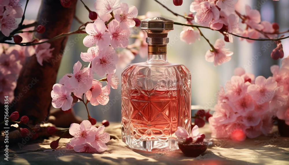 a bottle of perfume and a small bottle of liquor on a table a bottle of perfume and a small bottle of liquor on a table