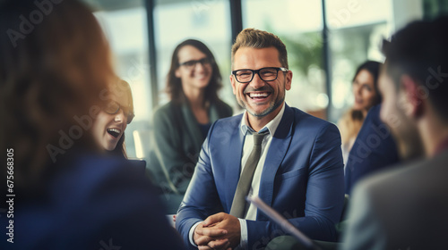 A smiling businessman greets and interacts with his coworkers during a team building exercise. It promotes friendship in work.