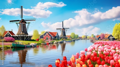 Landscape with tulips, traditional dutch windmills and houses near the canal in Zaanse Schans, Netherlands, Europe photo