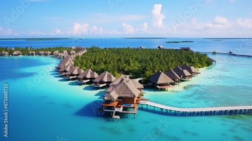 Maldives paradise scenery. Tropical aerial landscape, seascape with long jetty, water villas with amazing sea and lagoon beach, tropical nature. Exotic tourism destination banner, summer vacation © Muhammad