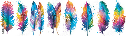 Set of colorful paint splash and watercolor feathers black white illustration