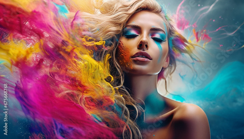 a woman with colorful hair and paint splatters