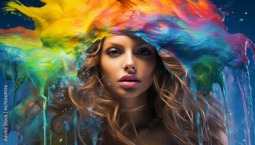 Fototapeta premium a woman with colorful hair and paint splatters