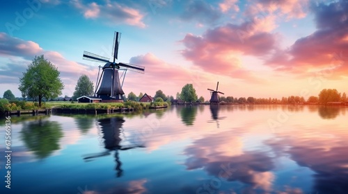 Panorama landscape windmills on water canal in village. Colorful spring sunset in Netherlands, Europe photo