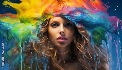 a woman with colorful hair and paint splatters
