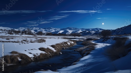 A moonlit river flows through a snowy landscape with distant mountains under a starry night sky, moonlight river