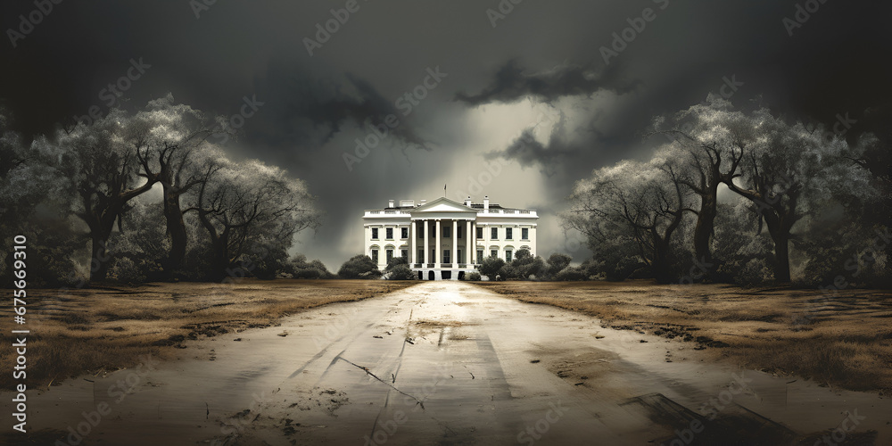 White House In night with clouds,White House, Night View, Washington DC, United States, Night Sky, Clouds, Illuminated, Presidential Residence, - obrazy, fototapety, plakaty 