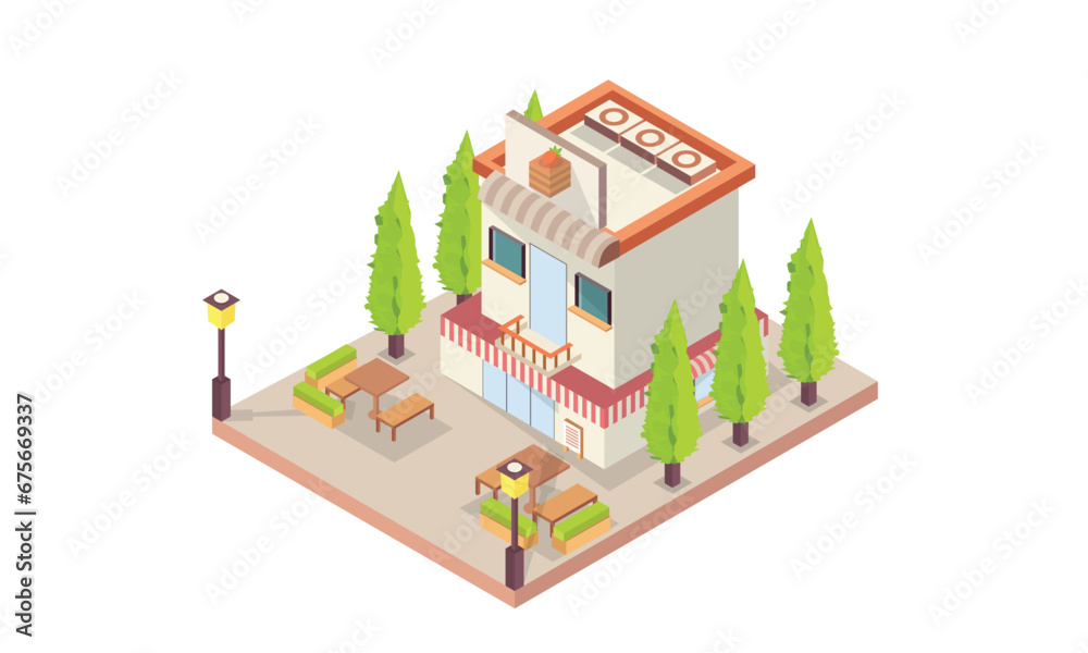 Isometric cafe building with red awnings and outdoor seats and tables ...