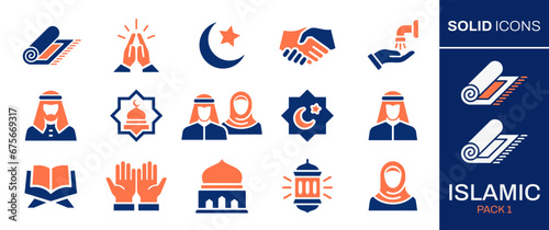 Arabic icon set. Collection of mosque dome, carpet, man, woman, Islamic, family and more. Vector illustration. Easily changes to any color.