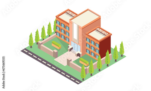 Isometric School building Vector.on white background.isometric design. 3D design elements for construction of urban and village landscapes.