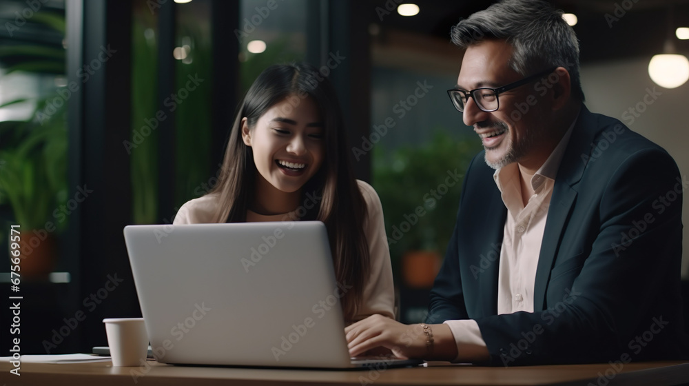 Male and female businessmen Working together happily, laughing and smiling. Analyze business data from worldwide network data connection. Male and female businessmen Working together happily, laughing and smiling. Analyze business data from worldwide network data connection.
