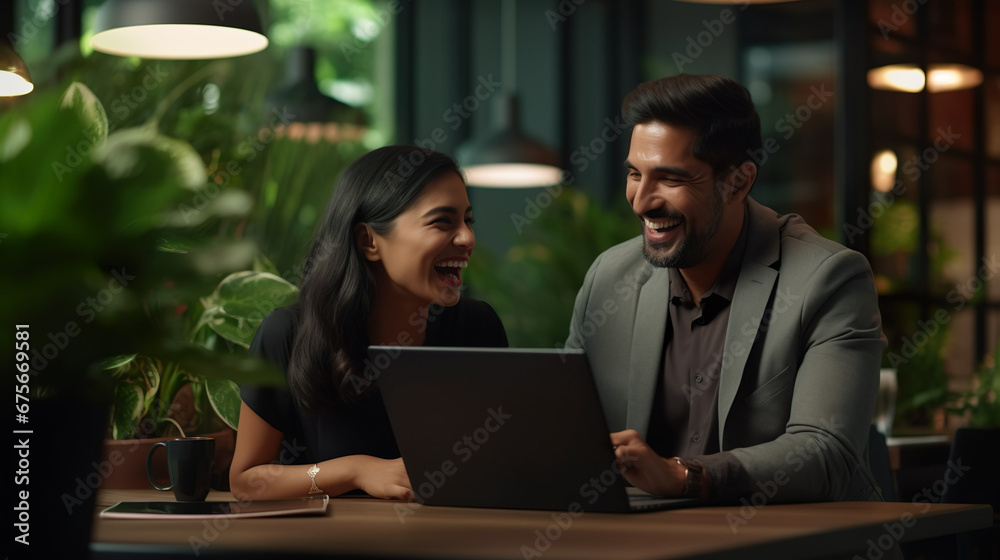 Male and female businessmen Working together happily, laughing and smiling. Analyze business data from worldwide network data connection.