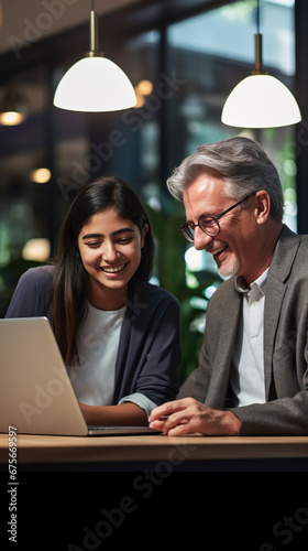 Male and female businessmen Working together happily, laughing and smiling. Analyze business data from worldwide network data connection.