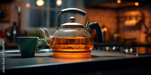Hot Teapot Image,Teapot with tea on a dark table,Tea leaves unfurling delicately in hot water creating a captivating infusion,Teapot Kitchens Image