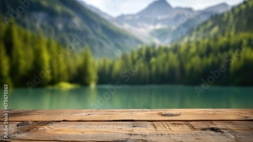 The empty wooden table top with blur background of summer lakes mountain. Exuberant image. generative AI © Summit Art Creations