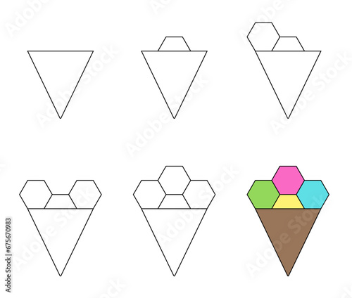 Worksheet easy guide to drawing cartoon ice cream. Simple step-by-step drawing tutorial for children.