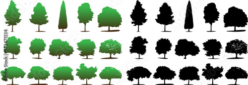 Silhouettes of Pine Trees set, Tree and Firs against a White Background. Forest Shapes and Templates for Nature-Themed Vector Designs.